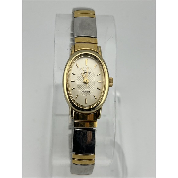 Timex Watch Women 18mm Gold Case Two Tone Stretch Band- New Battery - Picture 1 of 8